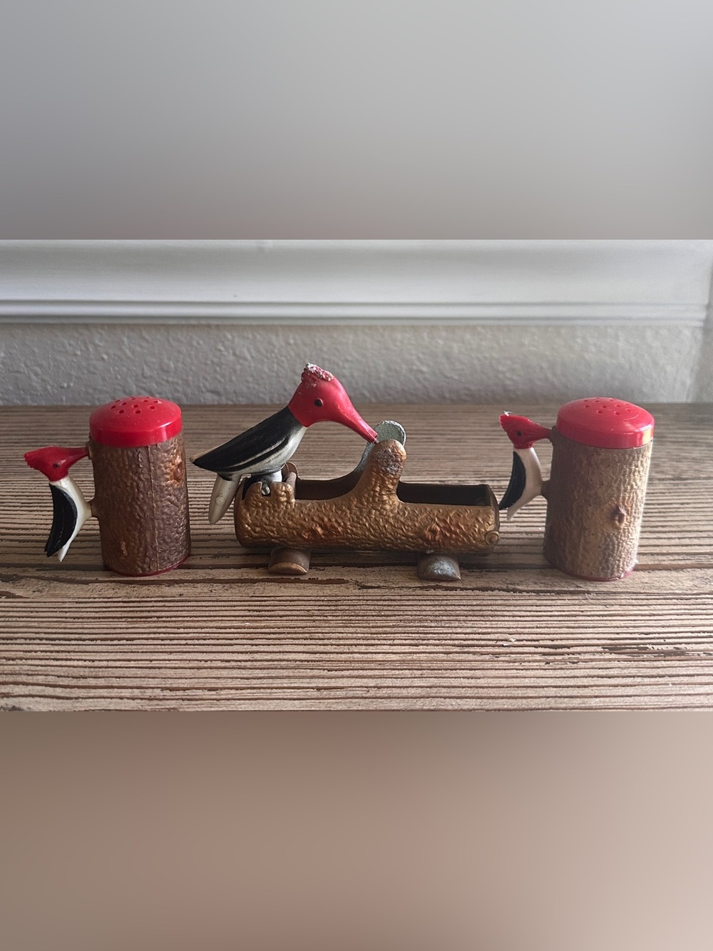 Vintage 1950s Mechanical Woodpecker on Log Toothpick Holder Dispenser Cast Metal